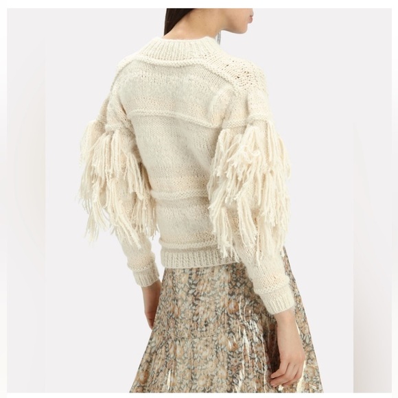$595 Ulla Johnson Delma Ecru Alpaca Fringe Sweater - Picture 4 of 6